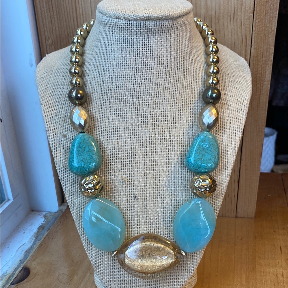 Turquoise Blue Gold Chunky Beaded Necklace
